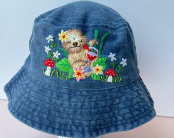 Cute Sloth Hand Embroidery Bucket Hat, Flower Embroidered Bucket, Wash Cotton Hat, Handmade Summer Hat, Hat For Women, Custom Bucket