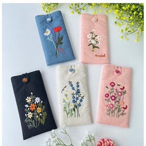 Étui à lunettes à broderie florale, Étui à lunettes de soleil souple en tissu personnalisé, Étui à lunettes de lecture brodé à la main, Porte-lunettes en lin