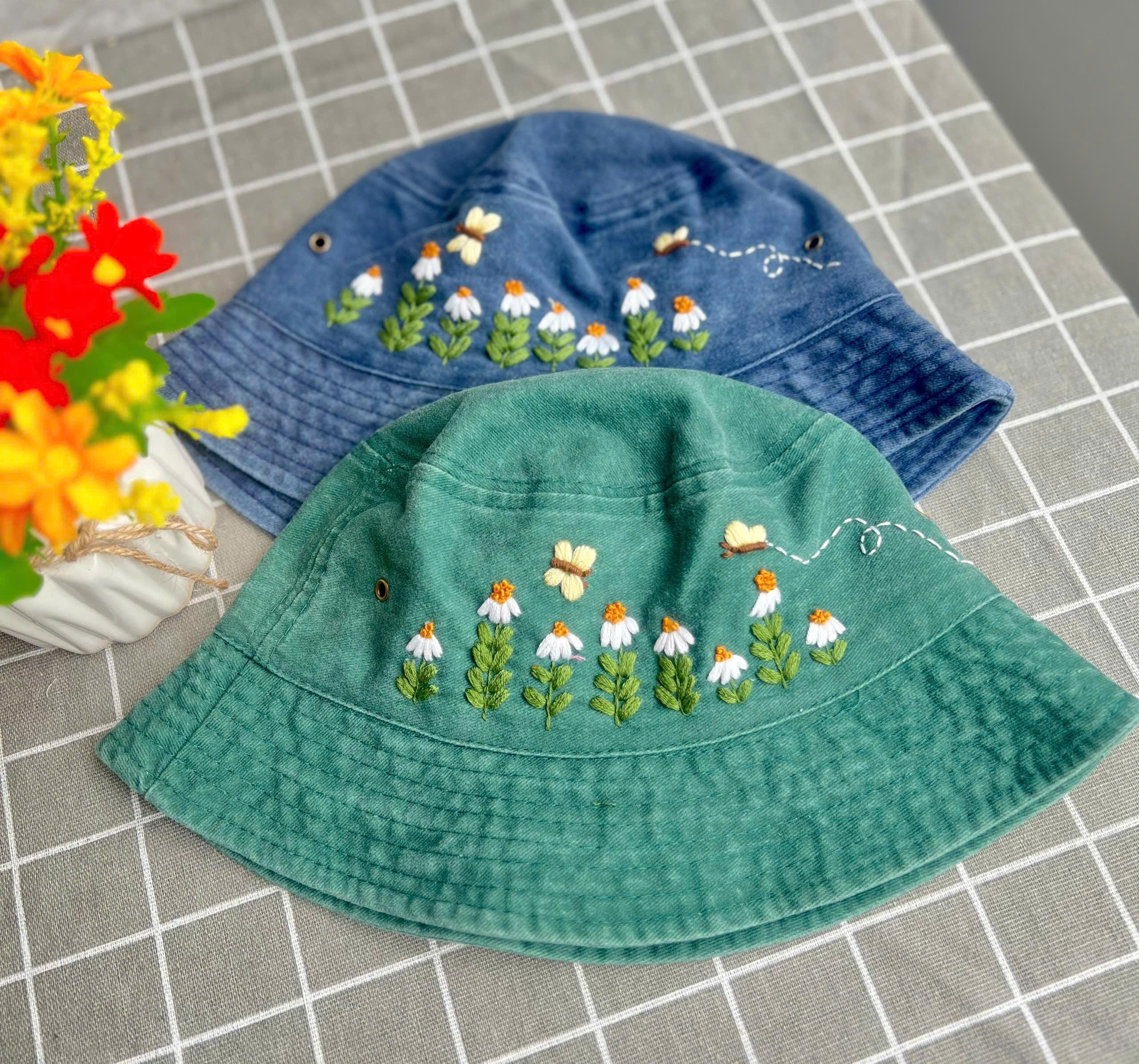 Custom Hand Embroidery Floral Bucket Hat, Daisy Bucket, Wash Cotton Hat, Handmade Summer Hat, Hat For Women, Custom Bucket
