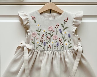 Custom Hand Embroidered Dress, Wild Flower Dress, Kid Linen Dress,Toddler Linen Cotton Dress, Baby Outfit,First Birthday Dress,Birthday Gift