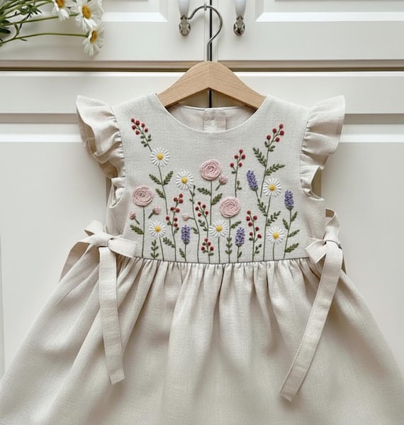 Custom Hand Embroidered Dress, Wild Flower Dress, Kid Linen Dress,Toddler Linen Cotton Dress, Baby Outfit,First Birthday Dress,Birthday Gift