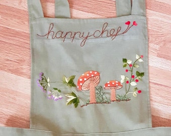 Personalized Hand Embroidered Apron Women, Mushroom Embroidered Apron, Linen Apron, Gardening Apron,Kitchen Apron, Flower Apron,Daisy Apron