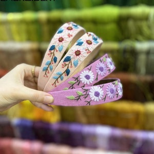 Hand besticktes Stirnband, Blumenstickerei Turban, Leinen Haarband, Leinen Haarschmuck, bestickter Haarreif, besticktes Frauen Stirnband