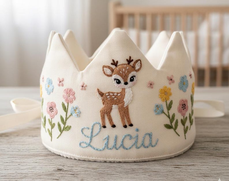 May include: Cream-colored crown with a deer and floral embroidery. The crown features a deer with brown spots and blue embroidered name "Lucia". The crown has a ribbon tie and is decorated with pink, blue, and yellow flowers.