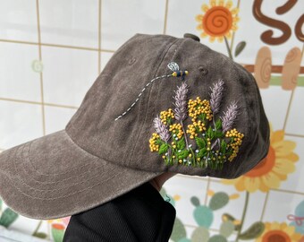 Custom Floral Baseball Cap, Daisy Hand Embroidered Baseball Cap, Wash Cotton Hat, Embroidered Denim Cap, Hat For Women, Summer Hat, Daiy Hat