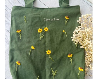 Floral Embroidered Linen Tote Bag With Zipper, Wild Flower Tote Bag, Hand Embroidered Tote Bag, Personalised Tote Bag, Shopping Bag