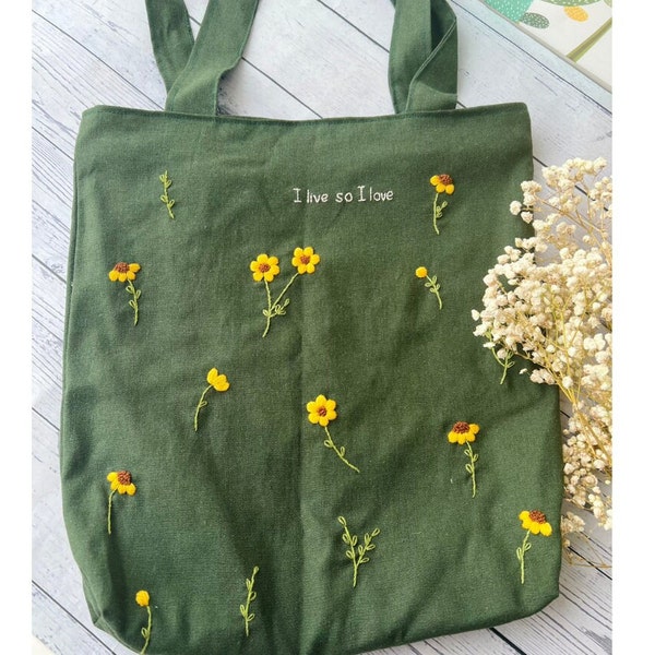 Sac fourre-tout en lin brodé floral avec fermeture à glissière, sac fourre-tout fleurs sauvages, sac fourre-tout brodé à la main, sac fourre-tout personnalisé, sac à provisions