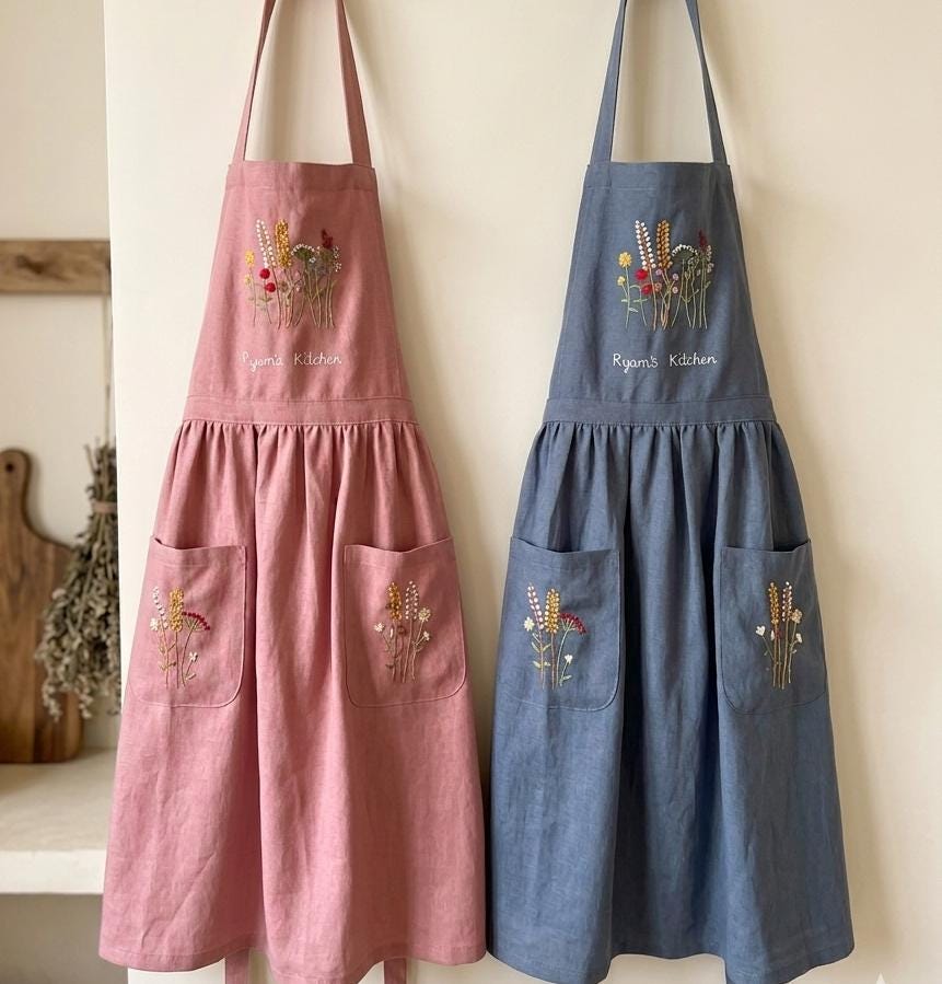 【エプロンのみ】PINK HOUSE チェリー柄 刺繍 エプロン デニム 手刺繍エプロン（女性用）、花柄刺繍エプロン、リネンエプロン