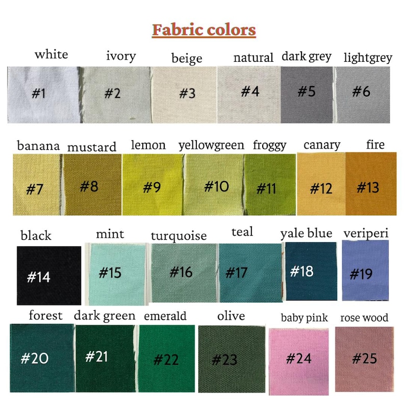 May include: A color chart displaying fabric swatches in various shades. Colors include white, ivory, beige, natural, dark grey, light grey, banana, mustard, lemon, yellowgreen, froggy, canary, fire, black, mint, turquoise, teal, yale blue, and veriperi.