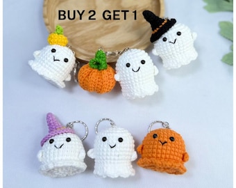 Fantasmino di Halloween all'uncinetto, acquista 2 e ricevi 1, portachiavi a forma di fantasma all'uncinetto, portachiavi a forma di strega, zucca all'uncinetto, regalo di Halloween, regalo carino, portachiavi divertente.
