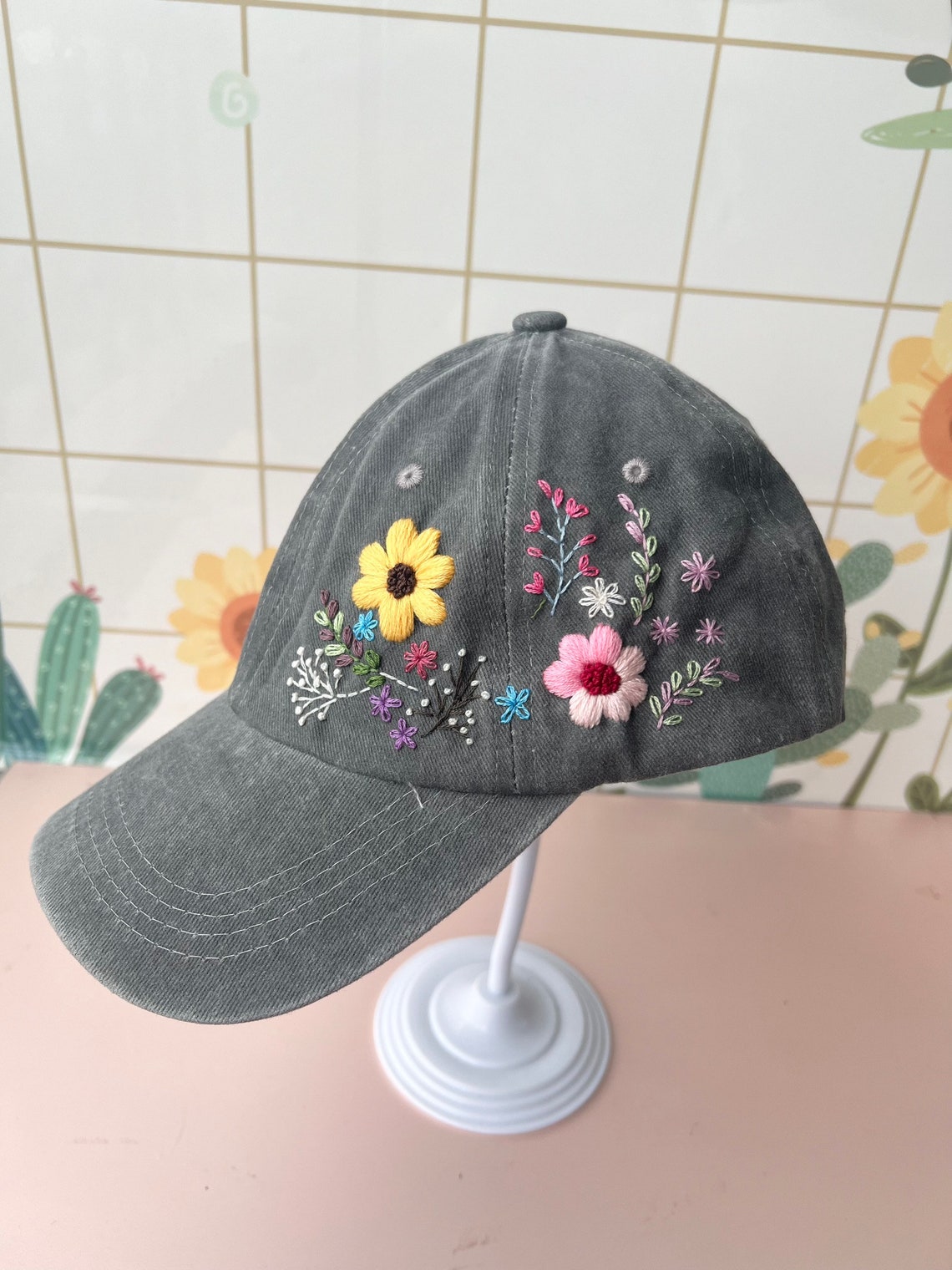 Custom Floral Hand Embroidered Baseball Cap, Flower Embroidered Hat ...