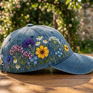 Könnte beinhalten: Eine blaue Jeans-Baseballkappe mit gesticktem Blumendesign. Die Stickerei zeigt eine Vielzahl farbenfroher Blumen, darunter gelbe Sonnenblumen, violette Kornblumen und weiße Gänseblümchen. Die Kappe hat einen verstellbaren Riemen und einen gebogenen Schirm.