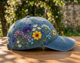 Gorra de béisbol floral personalizada, gorra de béisbol con margaritas bordadas a mano, gorra de algodón lavado, gorra vaquera bordada, gorra para mujer, gorra de verano, gorra de diario