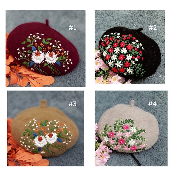 Béret français brodé floral, Béret brodé main pour femme, Béret d'hiver avec fleurs, Bonnet brodé, Bonnet français d'hiver en laine, Cadeau pour maman