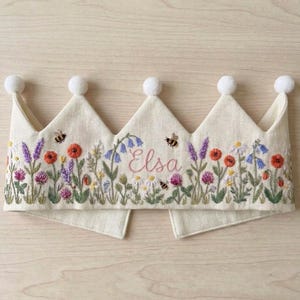 Custom Hand Embroidered Linen Crown, Baby Birthday Crown, Kids Crow, Personalized Gift, First Birthday Gift, Flower And Name Crowns image 8