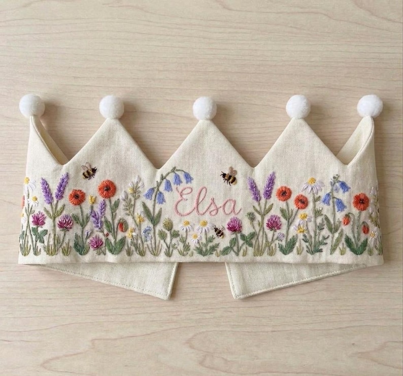 Custom Hand Embroidered Linen Crown, Baby Birthday Crown, Kids Crow, Personalized Gift, First Birthday Gift, Flower And Name Crowns image 8