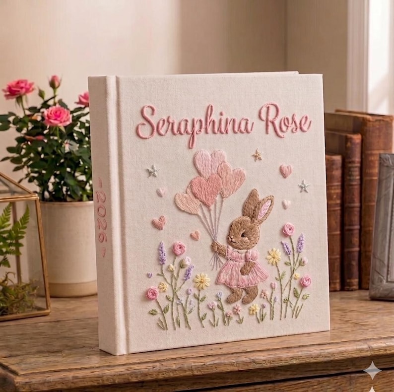 Puede incluir: Un libro color crema con el nombre "Seraphina Rose" bordado en rosa. La portada presenta un conejito bordado sosteniendo globos rosas en forma de coraz&oacute;n, rodeado de flores y estrellas. La columna vertebral tiene el a&ntilde;o "2026".