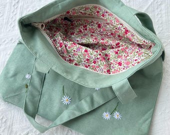 デイジー刺繍入りリネントートバッグ（ファスナー付き）、ワイルド