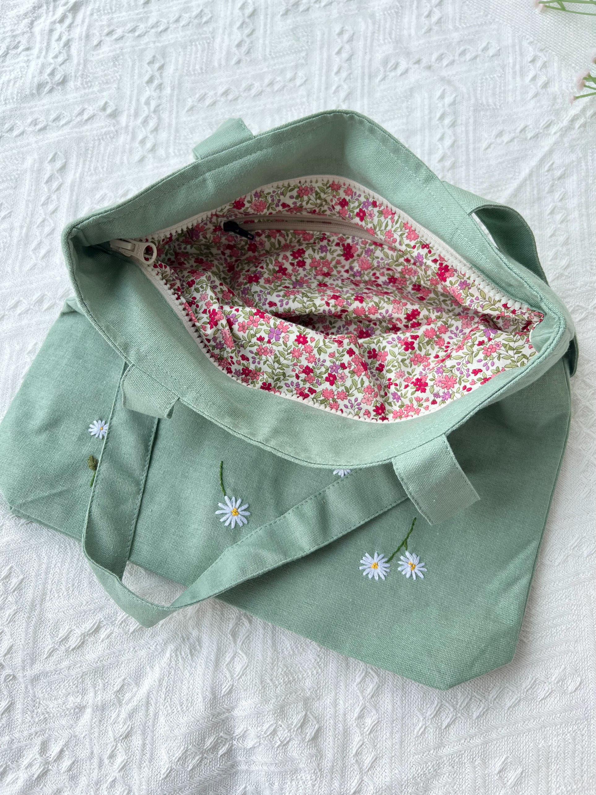 デイジー刺繍入りリネントートバッグ（ファスナー付き）、ワイルド