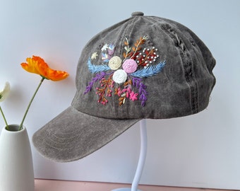 Custom Floral Hand Embroidered Baseball Cap, Rose Embroidered Hat, Wash Cotton Hat, Personalized Embroidered Denim Cap, Women Hat,Summer Hat