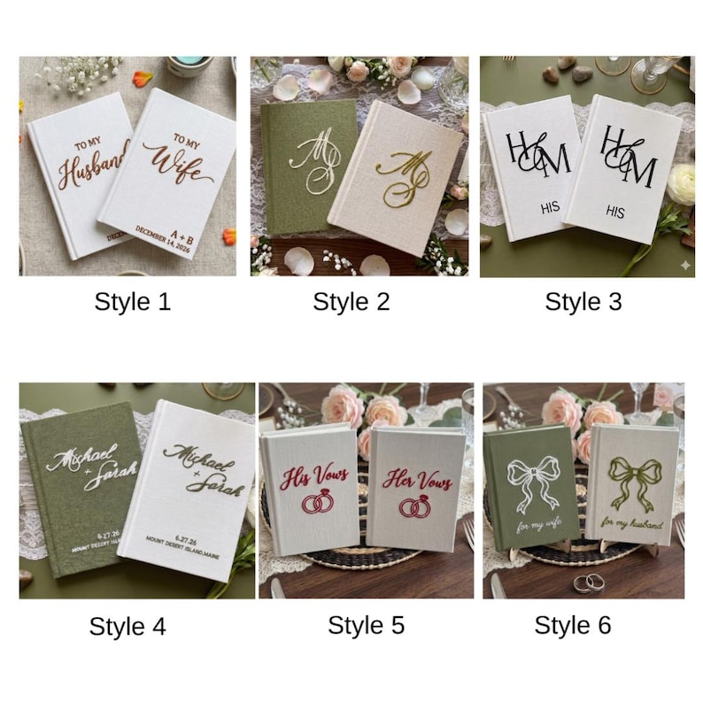 Pode incluir: Seis conjuntos de dois livros de votos de capa dura com v&aacute;rias texturas e cores de tecido. Os designs incluem letras em folha de ouro, preto e vermelho com nomes, datas e gr&aacute;ficos personalizados como alian&ccedil;as e la&ccedil;os, rotulados de Estilo 1 a 6.