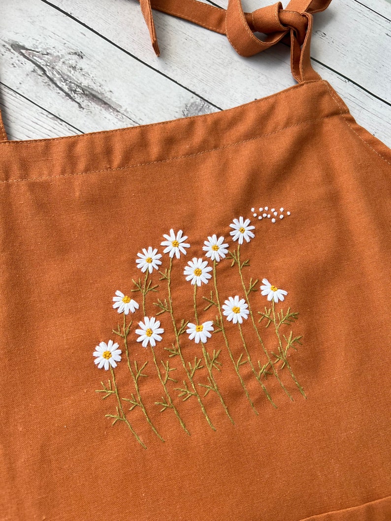 Wild Flower Embroidered Apron For Women, Hand-Embroidered Apron Personalized, Linen Cotton Apron,Flower Embroidery Linen Apron, Custom Apron image 9