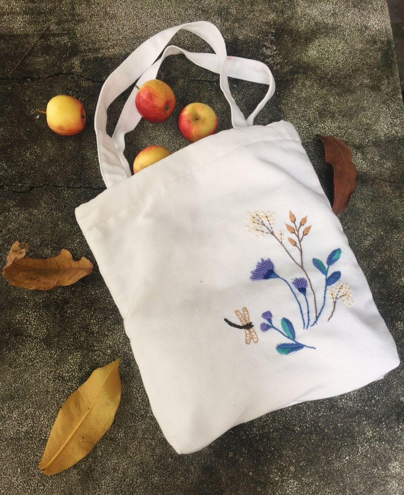 Blue Flowers And Dragonfly Embroidered Linen Tote Bag With Zipper And Pocket, Wild Flower Tote Bag, Hand Embroidered Tote, Personalised Bag image 1