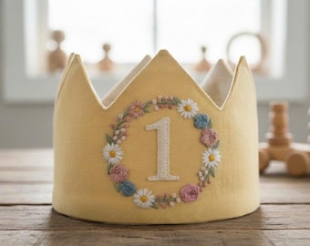 Benutzerdefinierte Hand bestickte Leinen Krone, Baby erste Geburtstagskrone, benutzerdefinierte Nummer Geburtstagskrone, personalisiertes Geschenk, erste Geburtstagsgeschenk