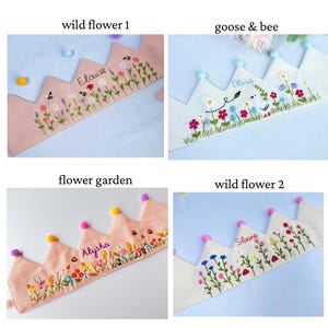 May include: Four fabric crowns with embroidered floral designs and personalized names. Two crowns are pink, and two are white. Each crown features a different name: "Elouise", "Olivia", "Alysha", and "Sloane". The crowns are decorated with colorful flowers and pom-poms.
