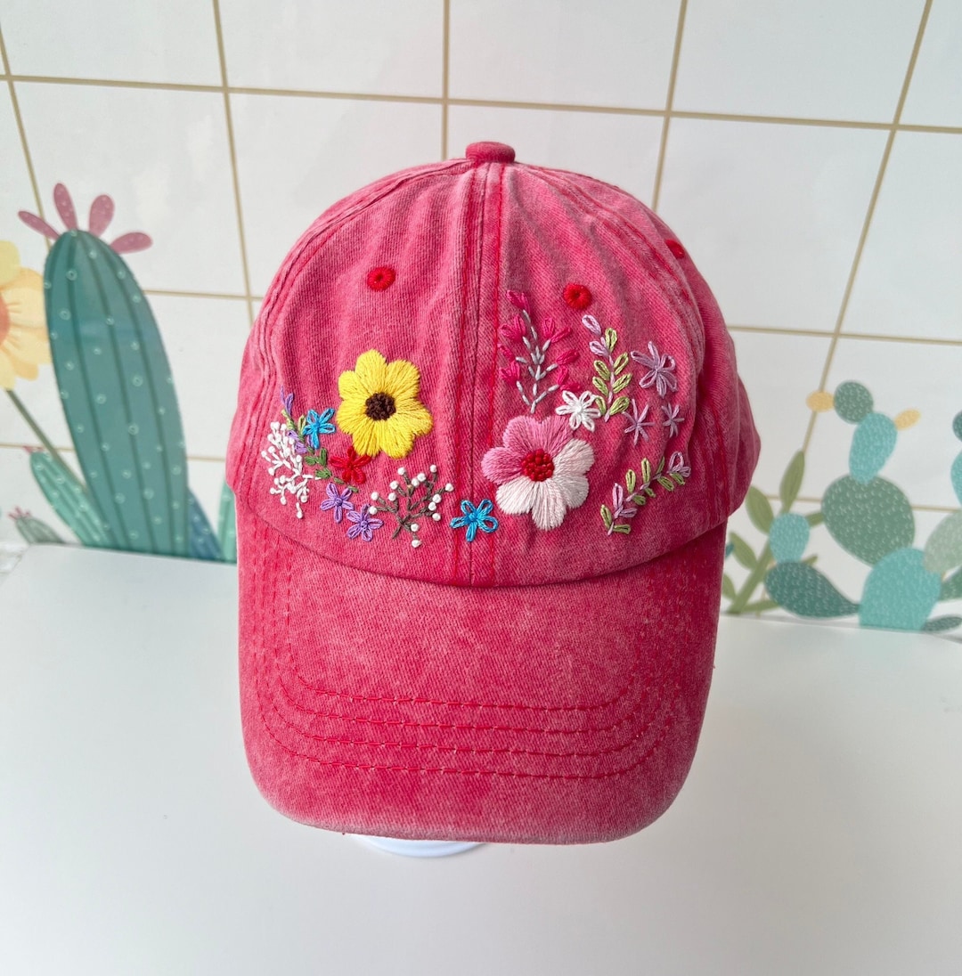 Custom Floral Hand Embroidered Baseball Cap, Flower Embroidered Hat ...