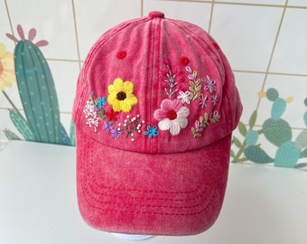 Custom Floral Hand Embroidered Baseball Cap, Flower Embroidered Hat, Wash Cotton Hat, Personalized Denim Cap, Women Hat, Summer Hat