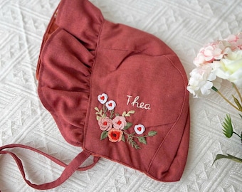 Vintage Hand Embroidered Linen Baby Bonnet, Custom Bonnet, Rose Bonnet, Personalized Embroidered Bonnet, Baby Sunbonnet, Neutral Baby Gift