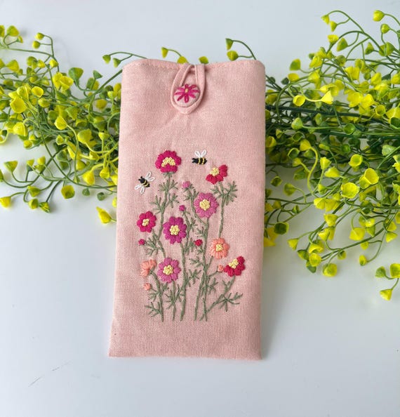 花柄刺繍入り眼鏡ケース、カスタム生地ソフトサングラスケース、手刺繍