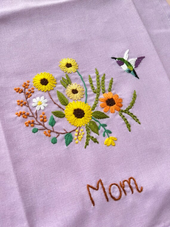 ひまわりの手刺繍エプロン（女性用）、花柄刺繍エプロン、リネン