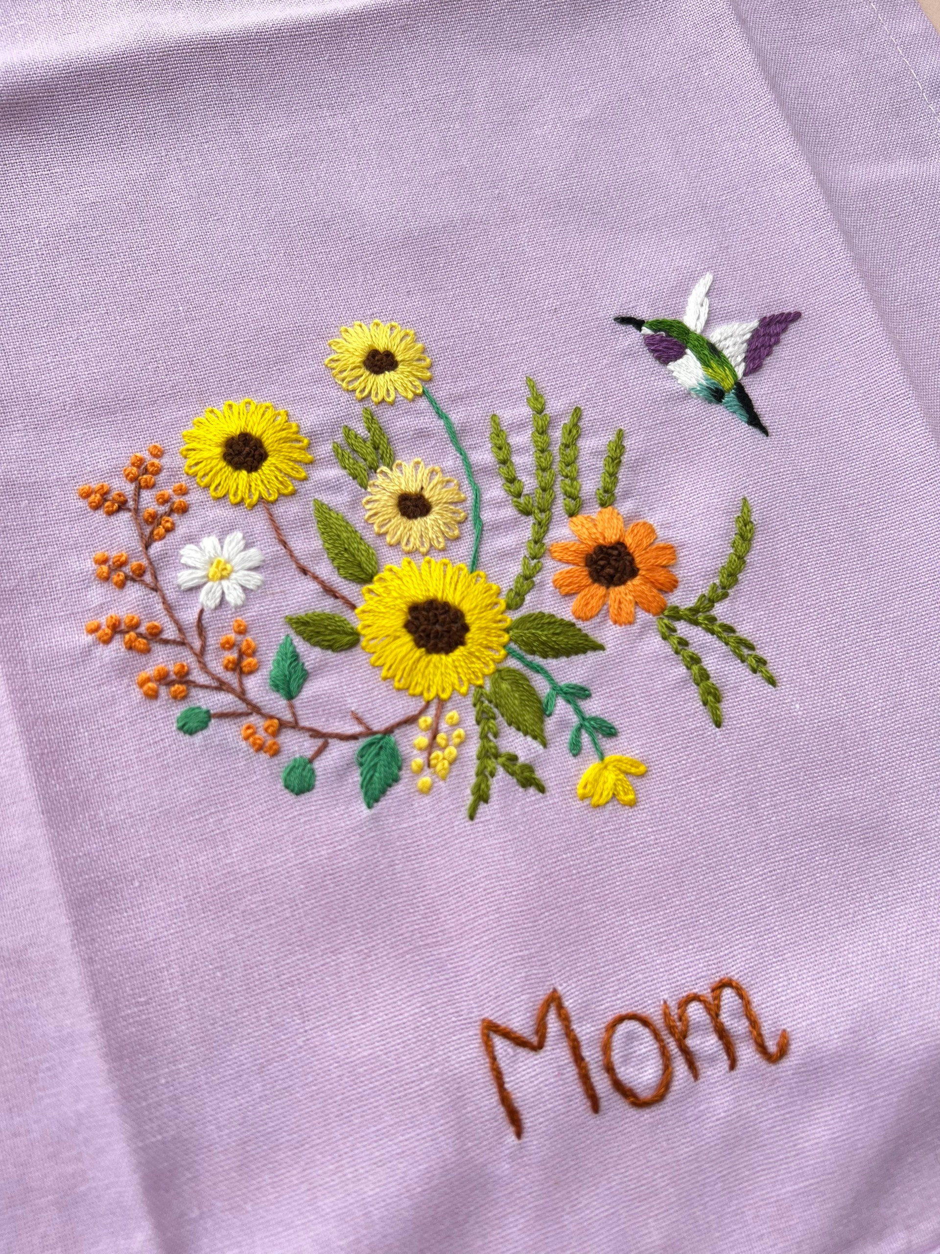 ひまわりの手刺繍エプロン（女性用）、花柄刺繍エプロン、リネン
