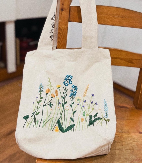 Floral Garden Embroidered Linen Tote Bag With Zipper and