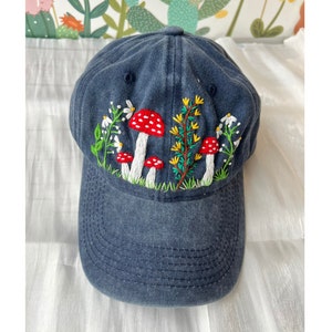 Mushroom And Flower Embroidered Baseball Cap, Daisy Hand Embroidered Baseball Cap, Wash Cotton Hat, Embroidered Denim Cap, Summer Hat