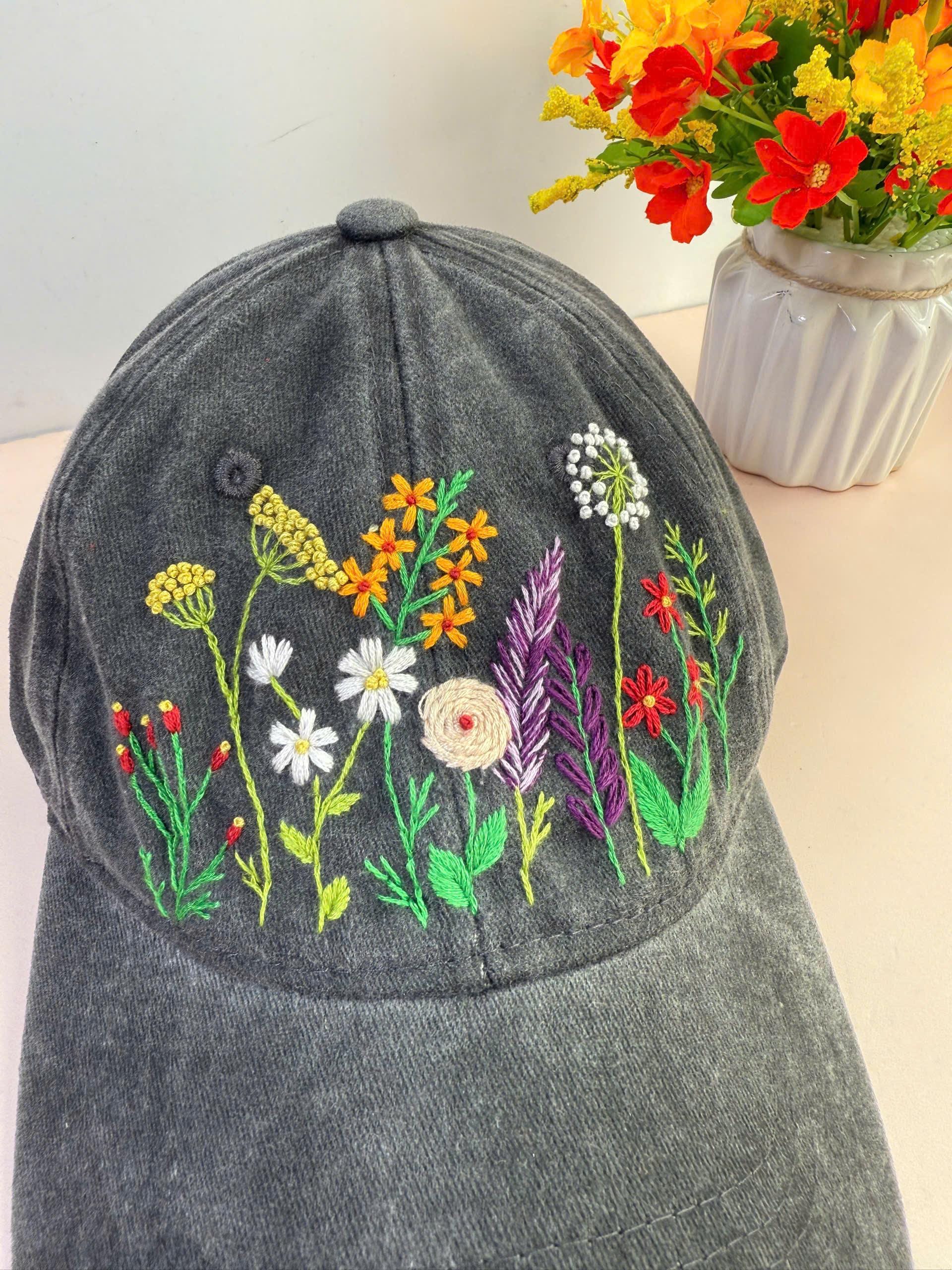 カスタムフラワーハンド刺繍帽子、デイジー刺繍野球帽、ウォッシュ