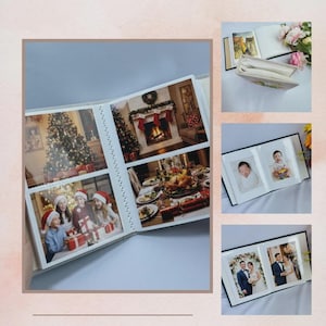 Puede incluir: &Aacute;lbumes de fotos con varias fotos familiares. Un &aacute;lbum est&aacute; abierto, mostrando fotos de un &aacute;rbol de Navidad, una chimenea y ni&ntilde;os con regalos. Otros &aacute;lbumes muestran fotos de beb&eacute;s y bodas. Los &aacute;lbumes tienen cubiertas negras y p&aacute;ginas blancas.