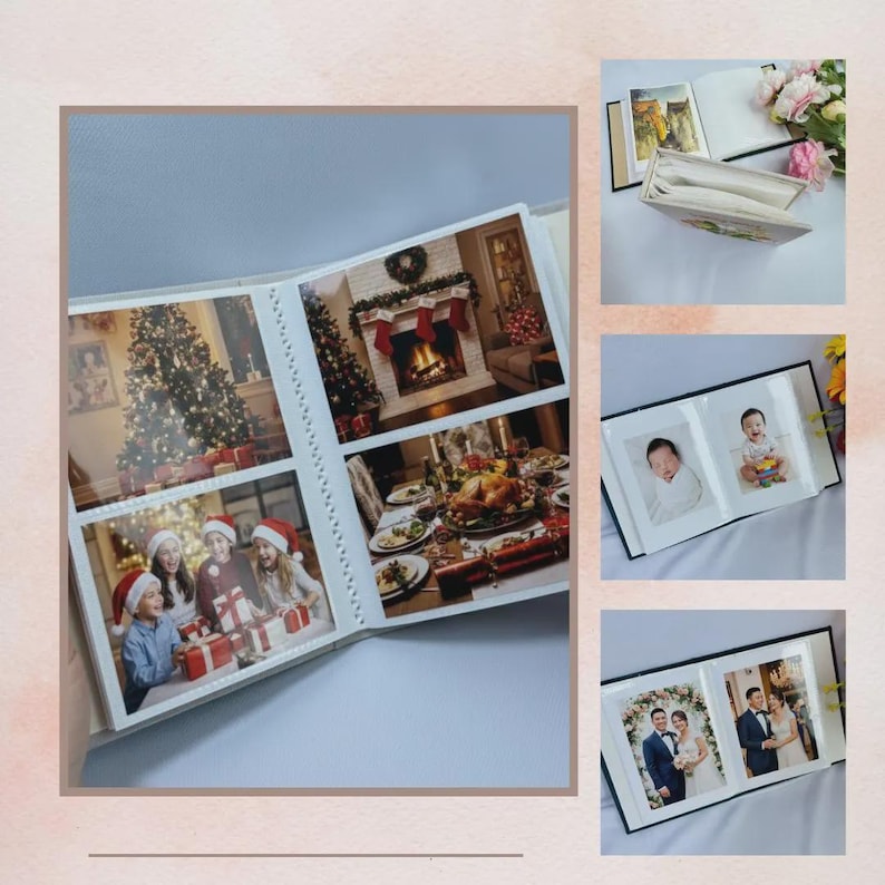 Puede incluir: &Aacute;lbumes de fotos con varias fotos familiares. Un &aacute;lbum est&aacute; abierto, mostrando fotos de un &aacute;rbol de Navidad, una chimenea y ni&ntilde;os con regalos. Otros &aacute;lbumes muestran fotos de beb&eacute;s y bodas. Los &aacute;lbumes tienen cubiertas negras y p&aacute;ginas blancas.