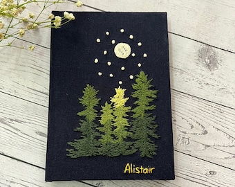 Handmade Embroidered Notebook, Pine Forest Notebook, Custom Journal Notebook, Journal for Men, Fabric cover Notebook, Personalized Gift