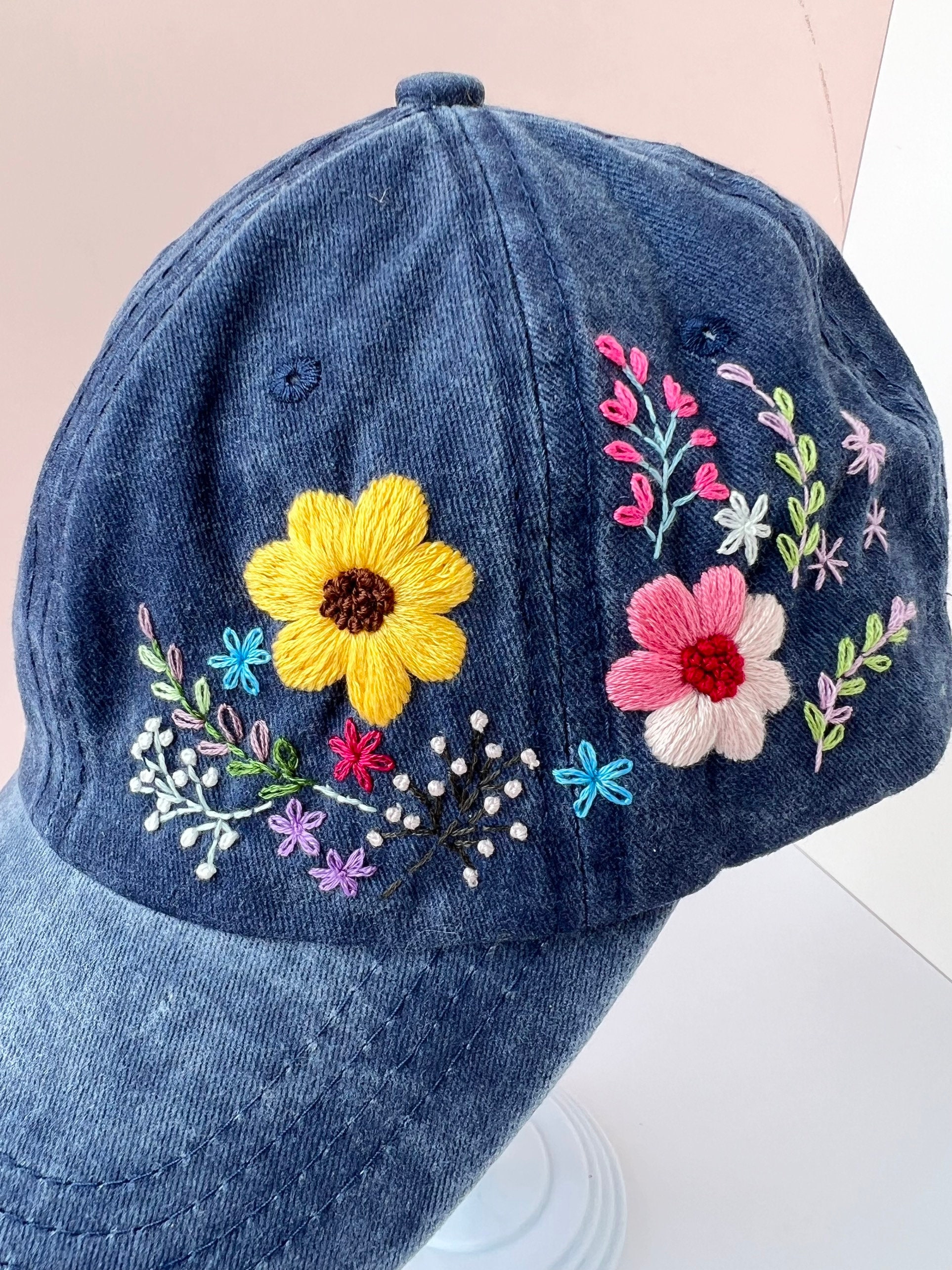 Custom Floral Hand Embroidered Baseball Cap, Flower Embroidered Hat ...