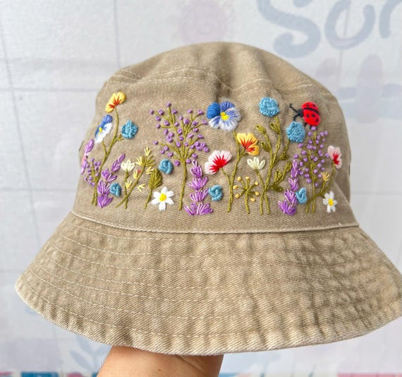 Custom Hand Embroidery Floral Garden With Ladybug Bucket Hat