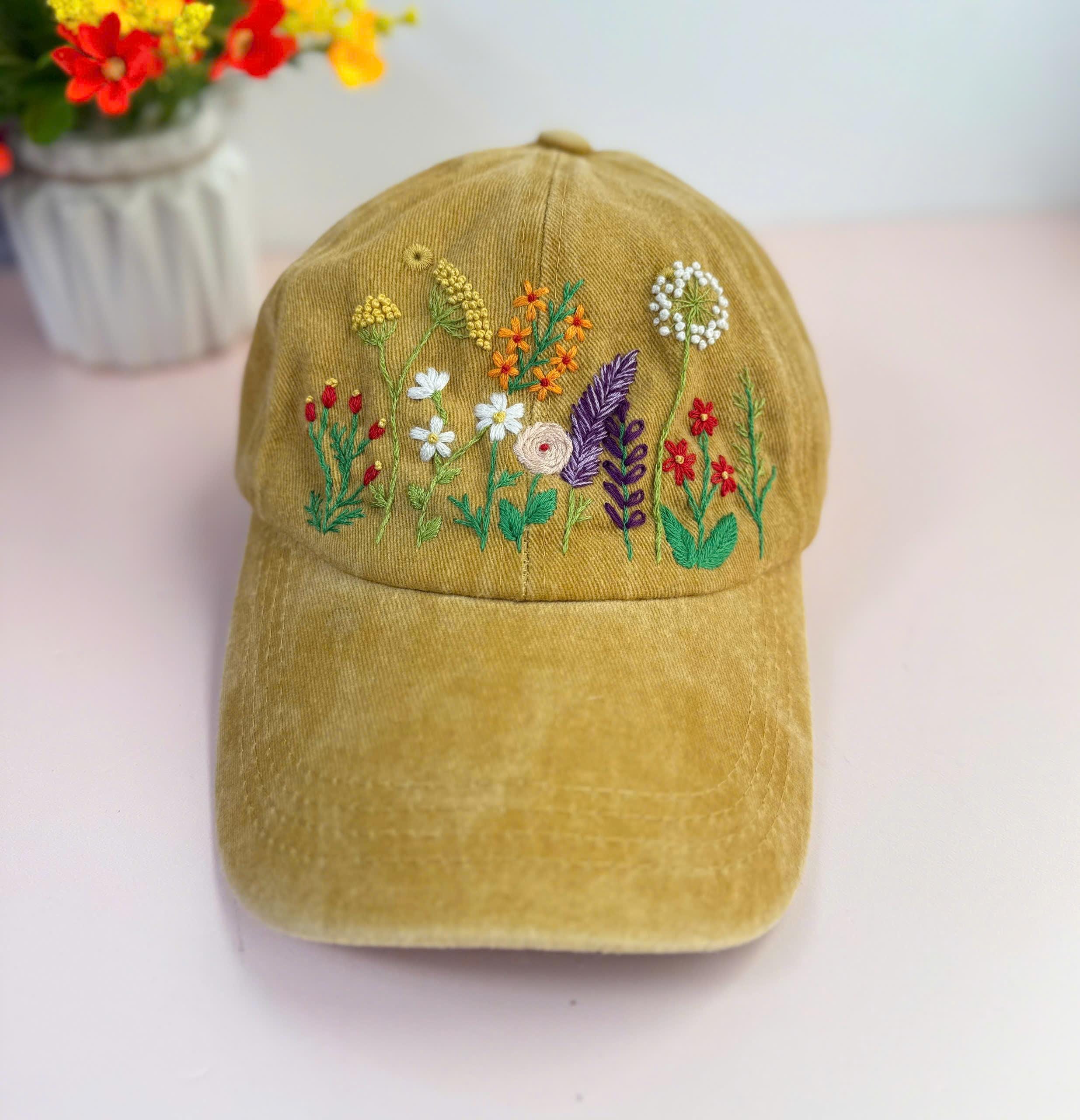 カスタムフラワーハンド刺繍帽子、デイジー刺繍野球帽、ウォッシュ
