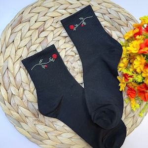 Custom Hand Embroidered Cotton Socks, One Pair Of Socks, Flower And Name Embroidery Socks,Personalized Socks,Mushroom Sock,Women Cute Socks