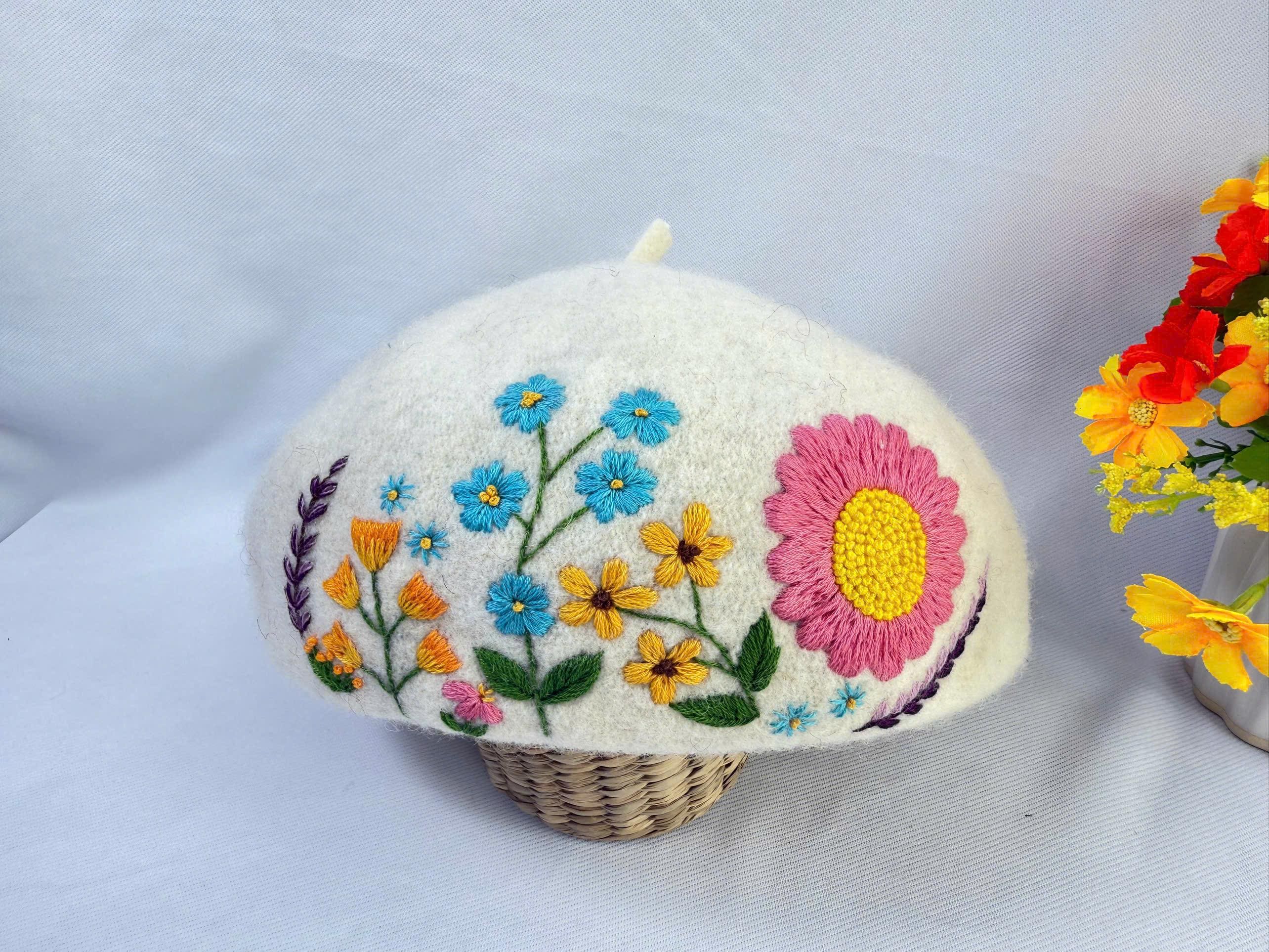 3533 Women Elegant Flower Embroidery Beret Hat French Style Floral Summer Floral Embroidered French Beret, Hand Embroidery Beret Women  main image 4