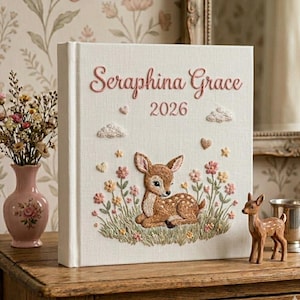 Puede incluir: Un libro color crema con el nombre "Seraphina Grace" y el a&ntilde;o "2026" bordados en rosa. La portada presenta un cervatillo, flores, nubes y corazones. Tambi&eacute;n hay una figura de ciervo de madera y un jarr&oacute;n de flores.
