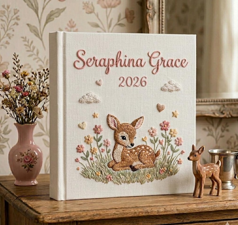 Puede incluir: Un libro color crema con el nombre "Seraphina Grace" y el a&ntilde;o "2026" bordados en rosa. La portada presenta un cervatillo, flores, nubes y corazones. Tambi&eacute;n hay una figura de ciervo de madera y un jarr&oacute;n de flores.