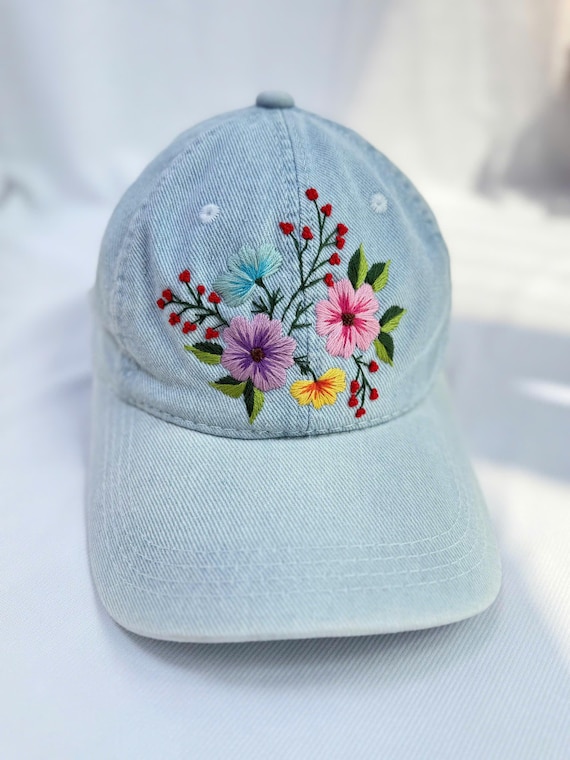 Custom Floral Baseball Cap, Daisy Hand Embroidered Baseball  display picture 2