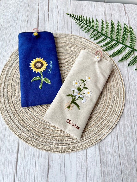 花刺繍入り眼鏡ケース、カスタム生地ソフトサングラスケース、手刺繍